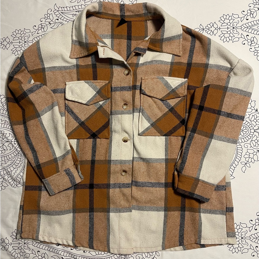 SHEIN Curve Plaid Shirt in Tan and Black